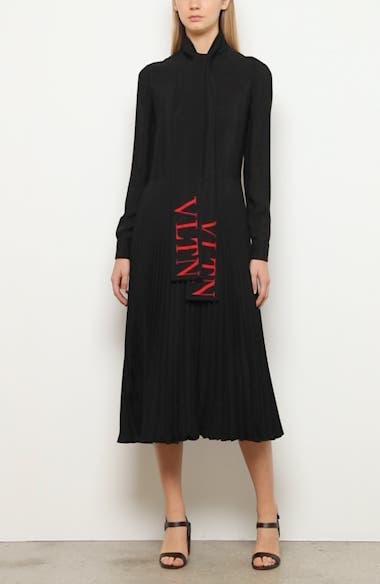 Valentino Vltn Logo Tie Neck Long Sleeve Midi Dress Nordstrom