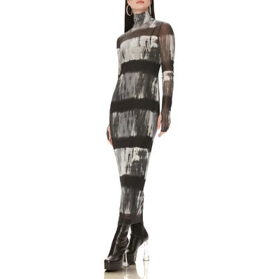 Afrm Shailene Long Sleeve Print Mesh Dress, Black