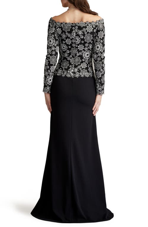 Shop Tadashi Shoji Embroidered Off The Shoulder Long Sleeve Gown In Ivory/black