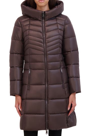 Kenneth Cole New York Soft Cire Funnel Neck Puffer Coat In Chocolate