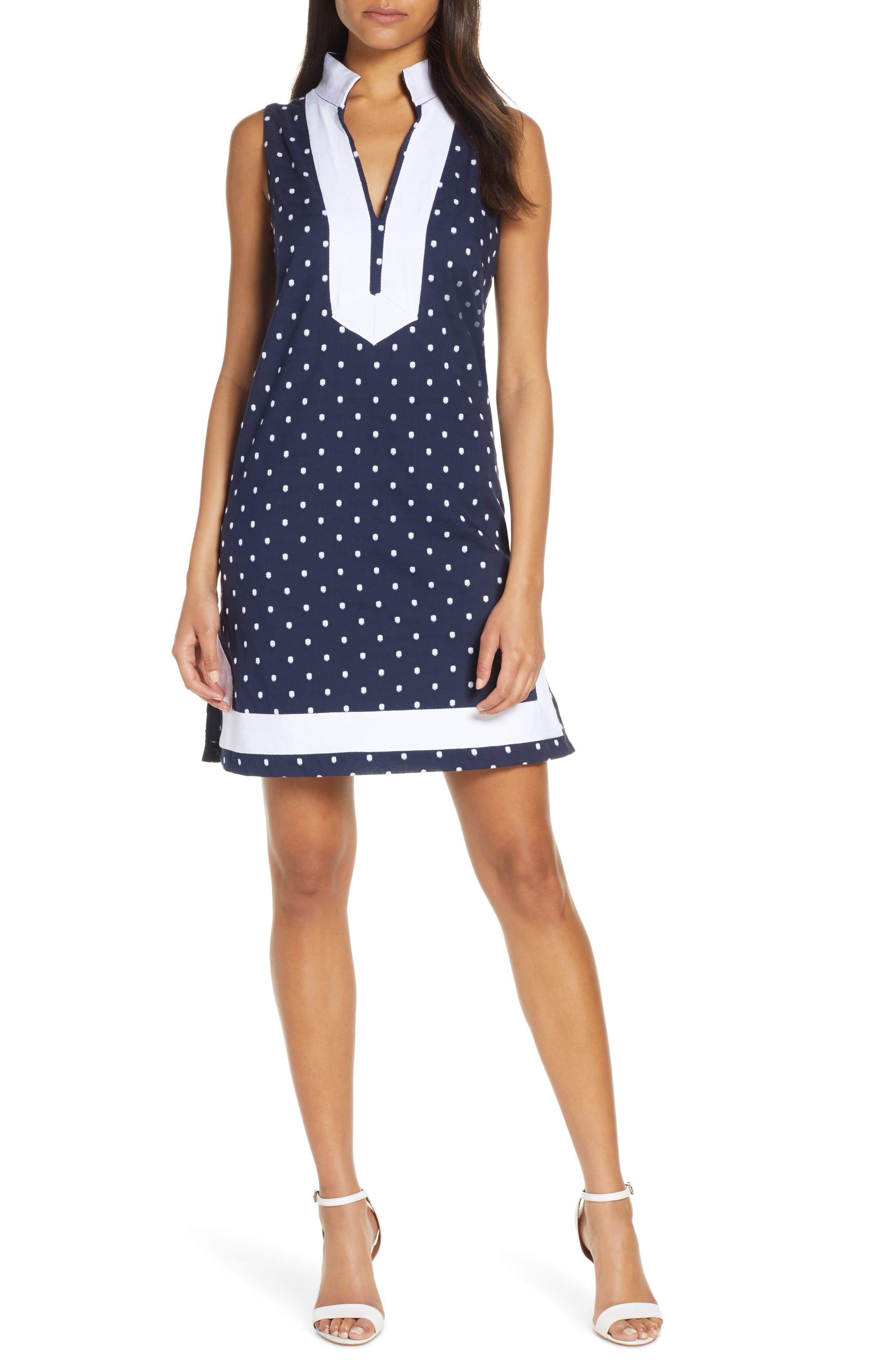 Petite Eliza J Cotton Polka Dot Shift Dress, Black