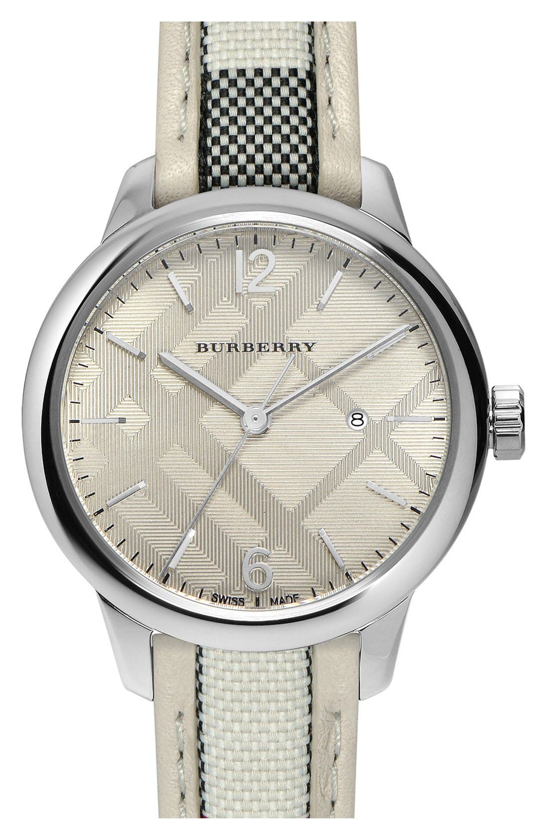 Burberry Check Leather Strap Watch, 32mm Nordstrom
