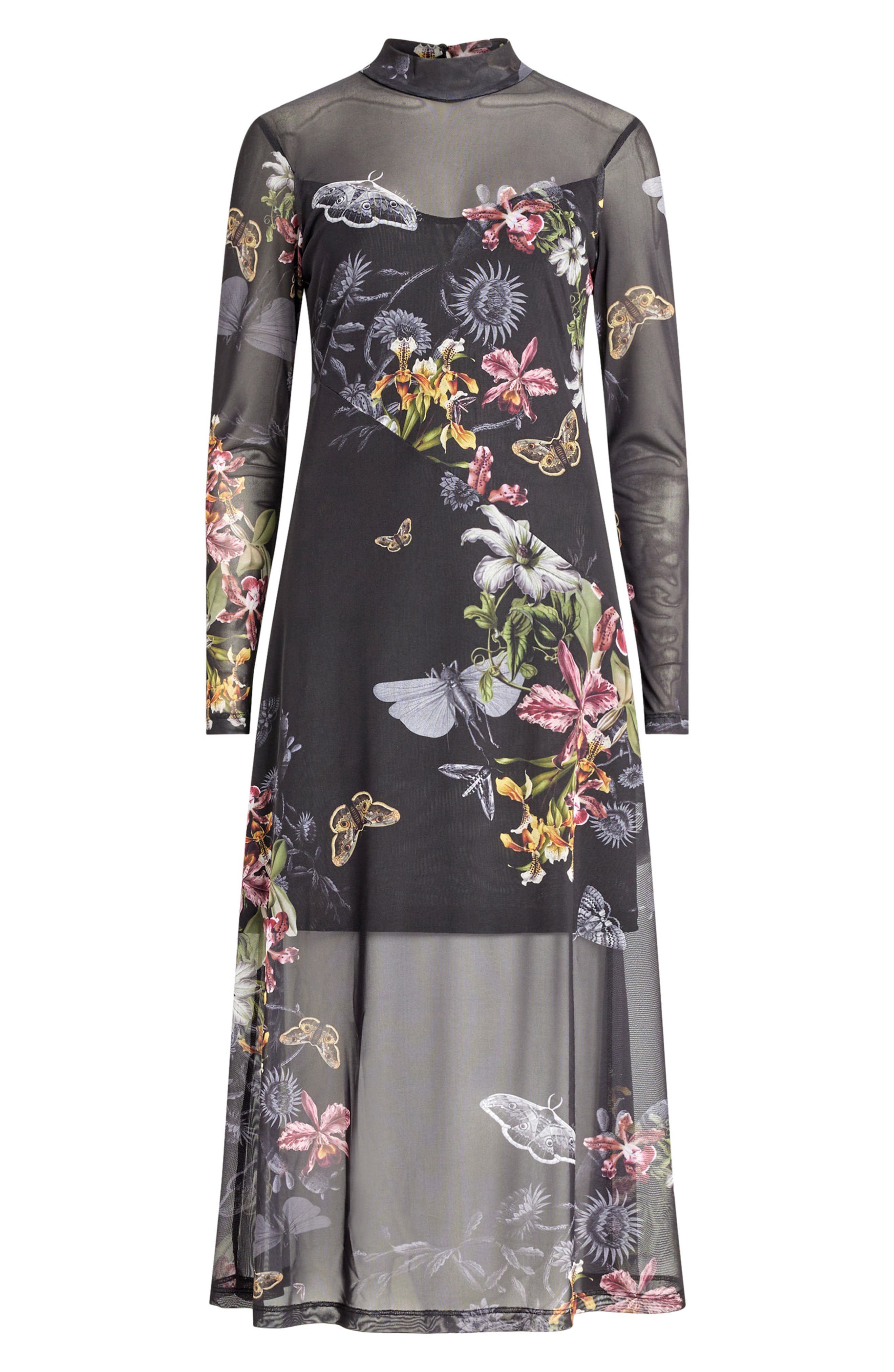 AllSaints Hanna Sanibel Floral Print Long Sleeve Mesh Maxi Dress in Black |  Smart Closet
