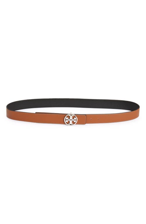 Shop Tory Burch Miller 1.5-inch Reversible Logo Belt In Black/classic Cuoio/silver