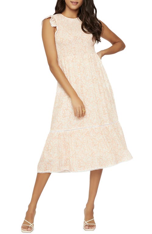 Lost + Wander Orchid Print Smocked Midi Dress in Nude/White
