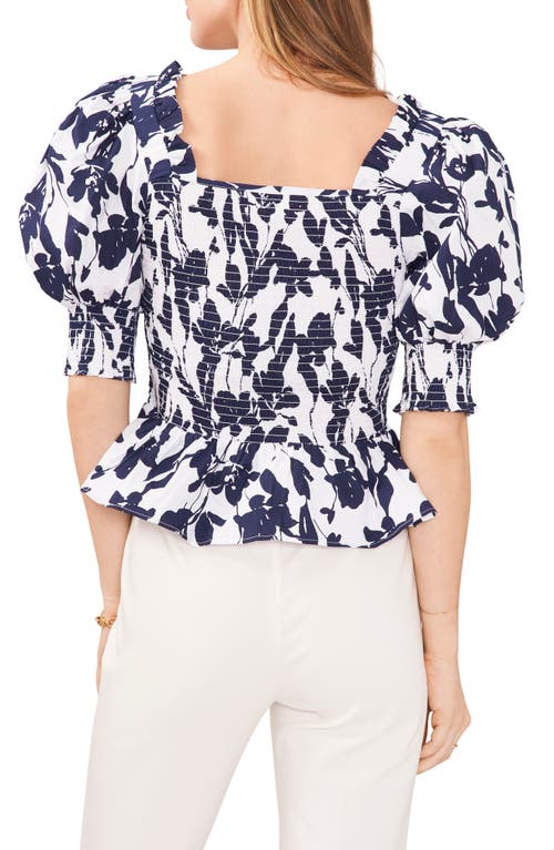 Chaus Floral Smocked Puff Sleeve Cotton Top In White/navy