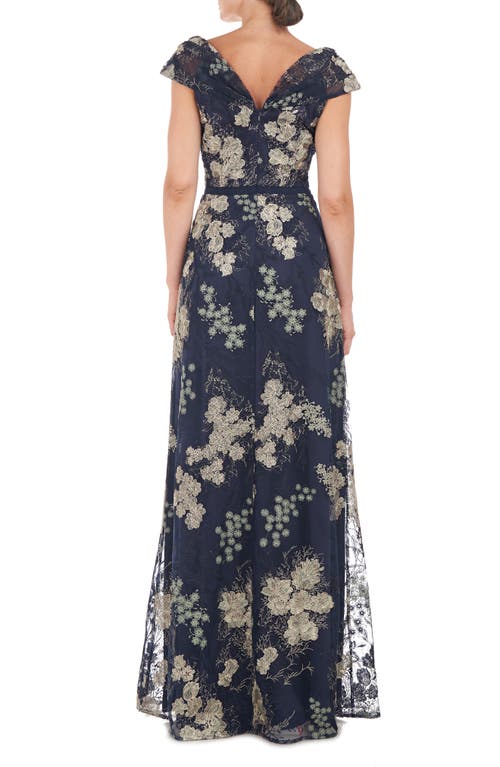 Shop Js Collections Camilla Twist Floral Embroidered A-line Gown In Navy/jade