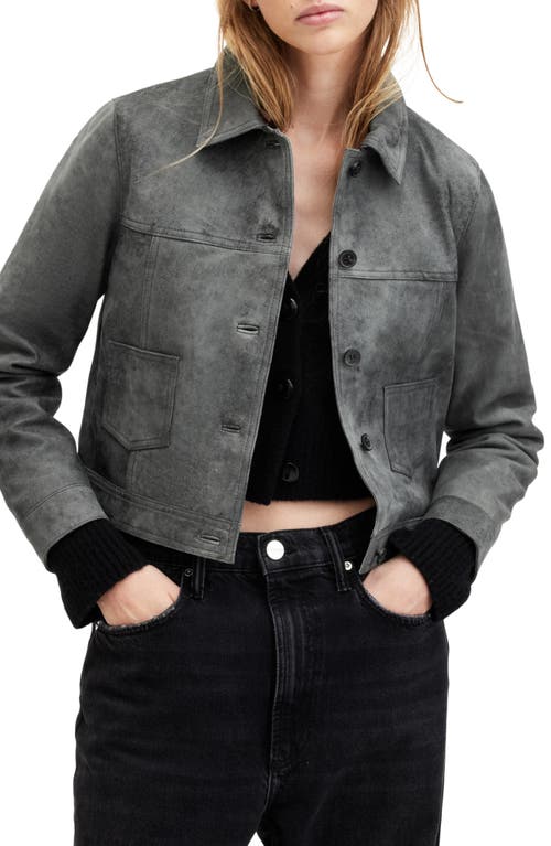 AllSaints Remy Crop Leather Shirt Jacket Vintage Black at Nordstrom, Us