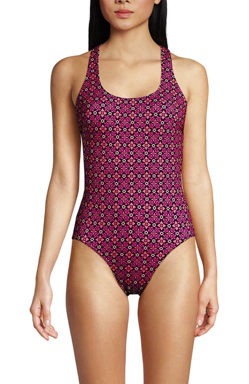 Shop Lands' End Chlorine Resistant Scoop Neck X-back High Leg Soft Cup Tugless Sporty One Piece Swimsuit In Blackberry Tile Geos