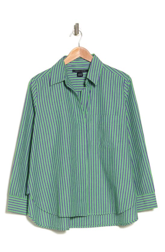 French Connection Stripe Cotton Poplin Button-up Boyfriend Shirt In Green Blue- White Stripe