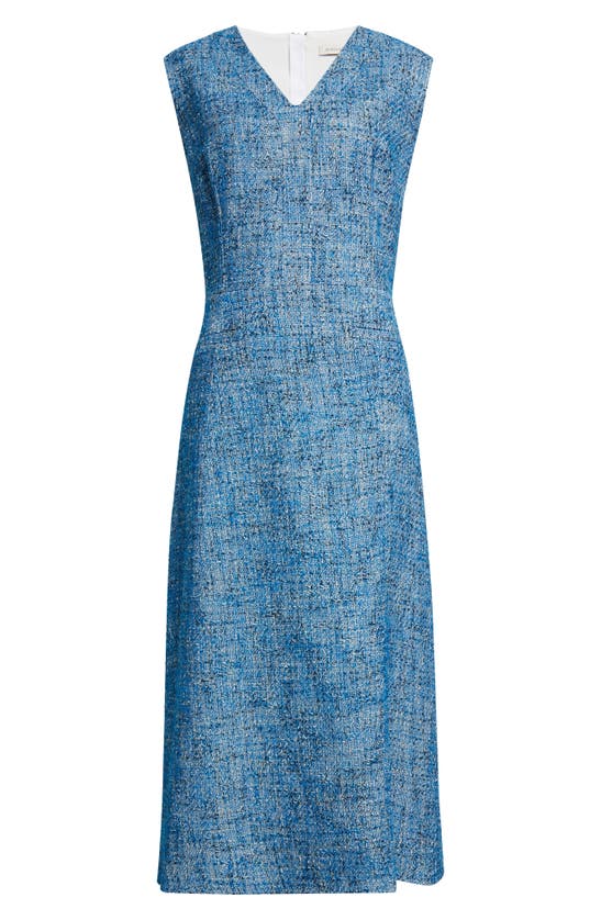 Emilia Wickstead V-neck Tweed Midi Dress In Blue