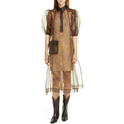 Ganni Tiger Stripe Print Sheer Organza Midi Dress, Brown
