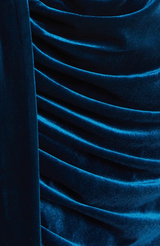 Shop Tahari Asl Beaded Drape Long Sleeve Stretch Velvet Sheath Dress In River Blue