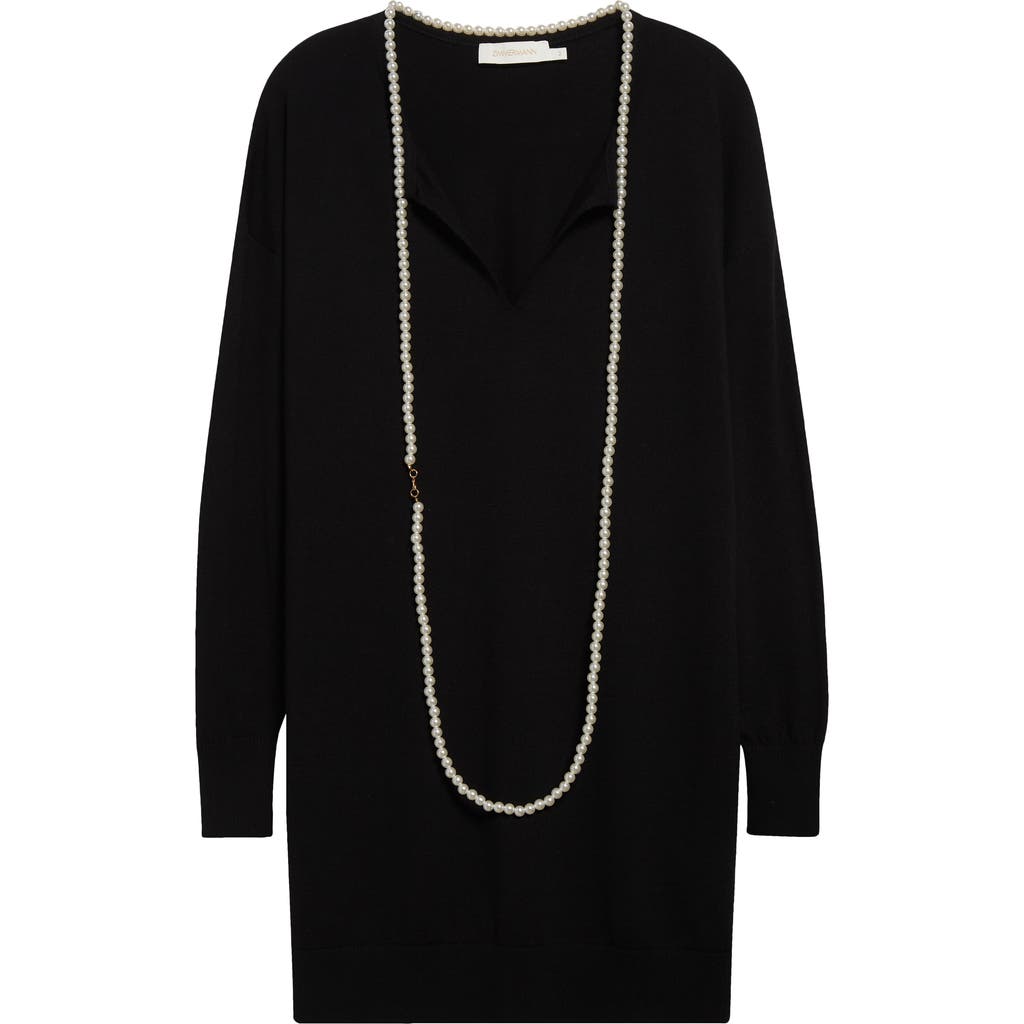ZIMMERMANN ZIMMERMANN CRUSH FAUX PEARL NECKLACE LONG SLEEVE WOOL SWEATER DRESS