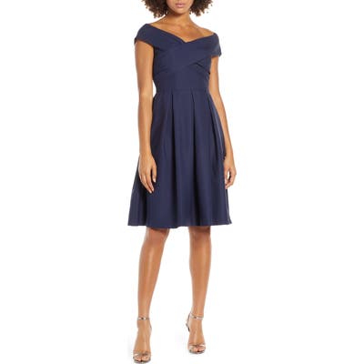 Chi Chi London Bay Crossover Portrait Collar Cocktail Dress, Blue