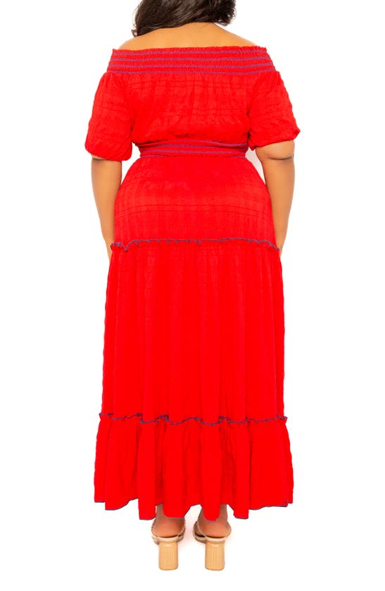 Shop Buxom Couture Smocked Off The Shoulder Puff Sleeve Top & Maxi Skirt Set In Red