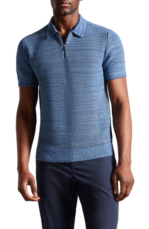 Blossam Textured Quarter Zip Polo Sweater in Blue