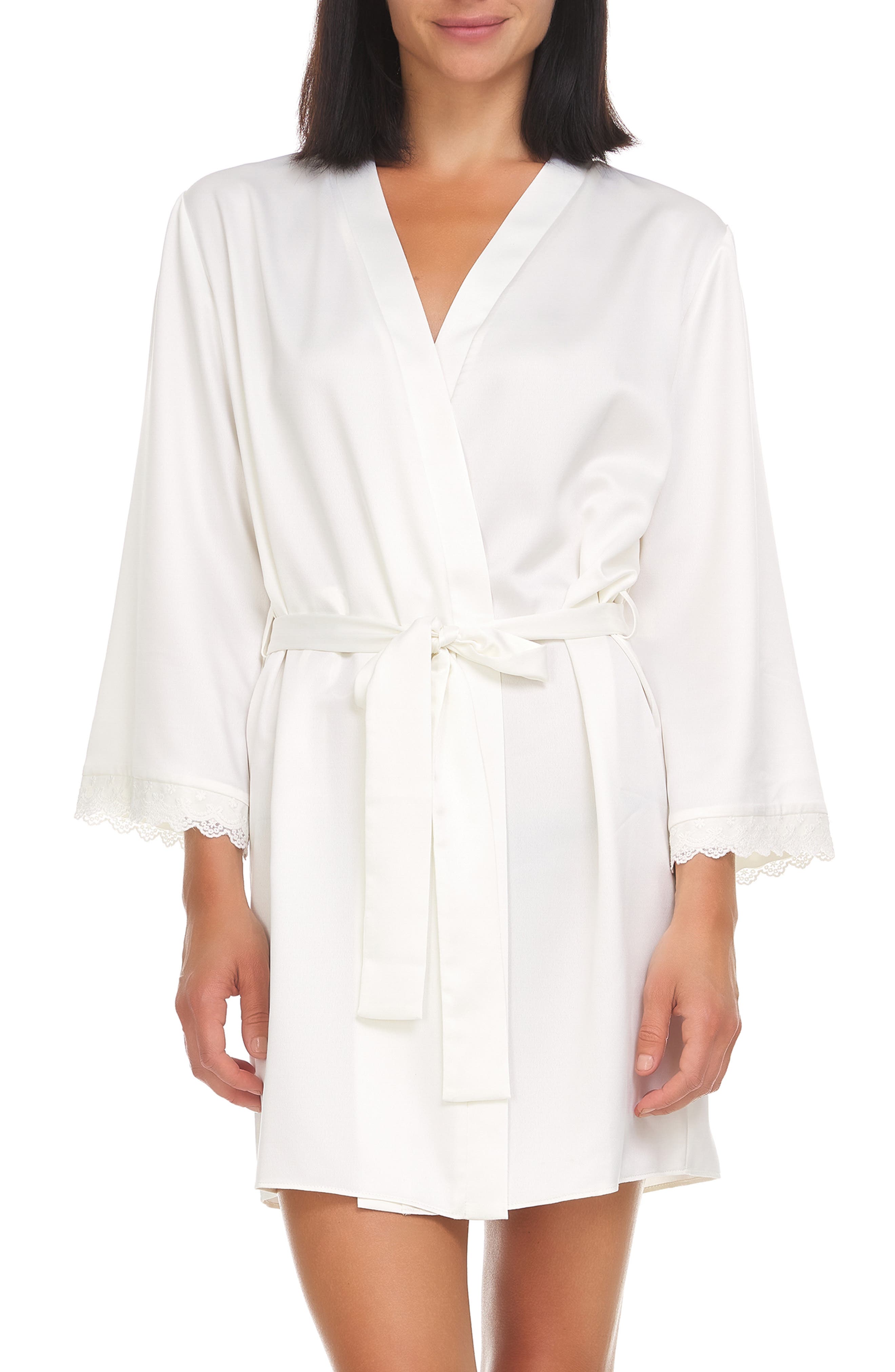 Flora Nikrooz Victoria Lace Trim Charmeuse Wrap in Ivory at Nordstrom