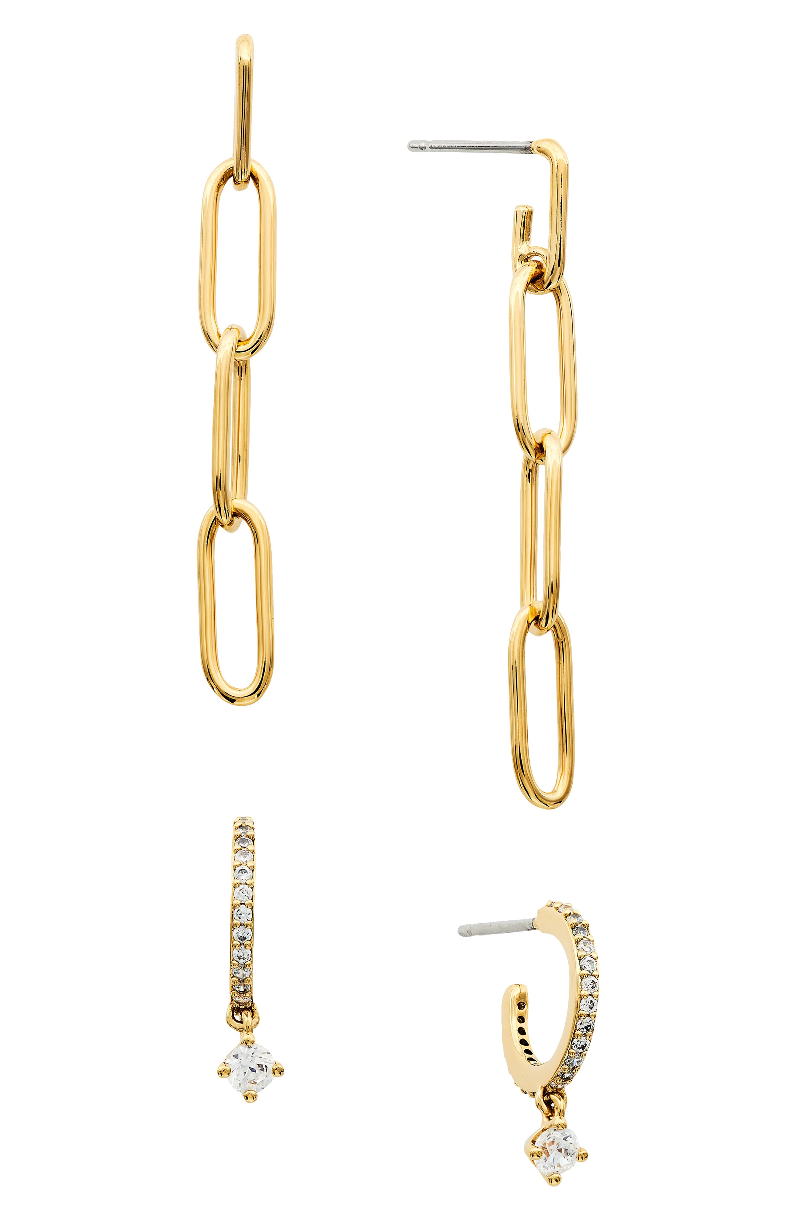 Ajoa 18k Yellow Gold Plated Chain Drop & Pave Crystal Huggie Hoop Earring 4-piece Set