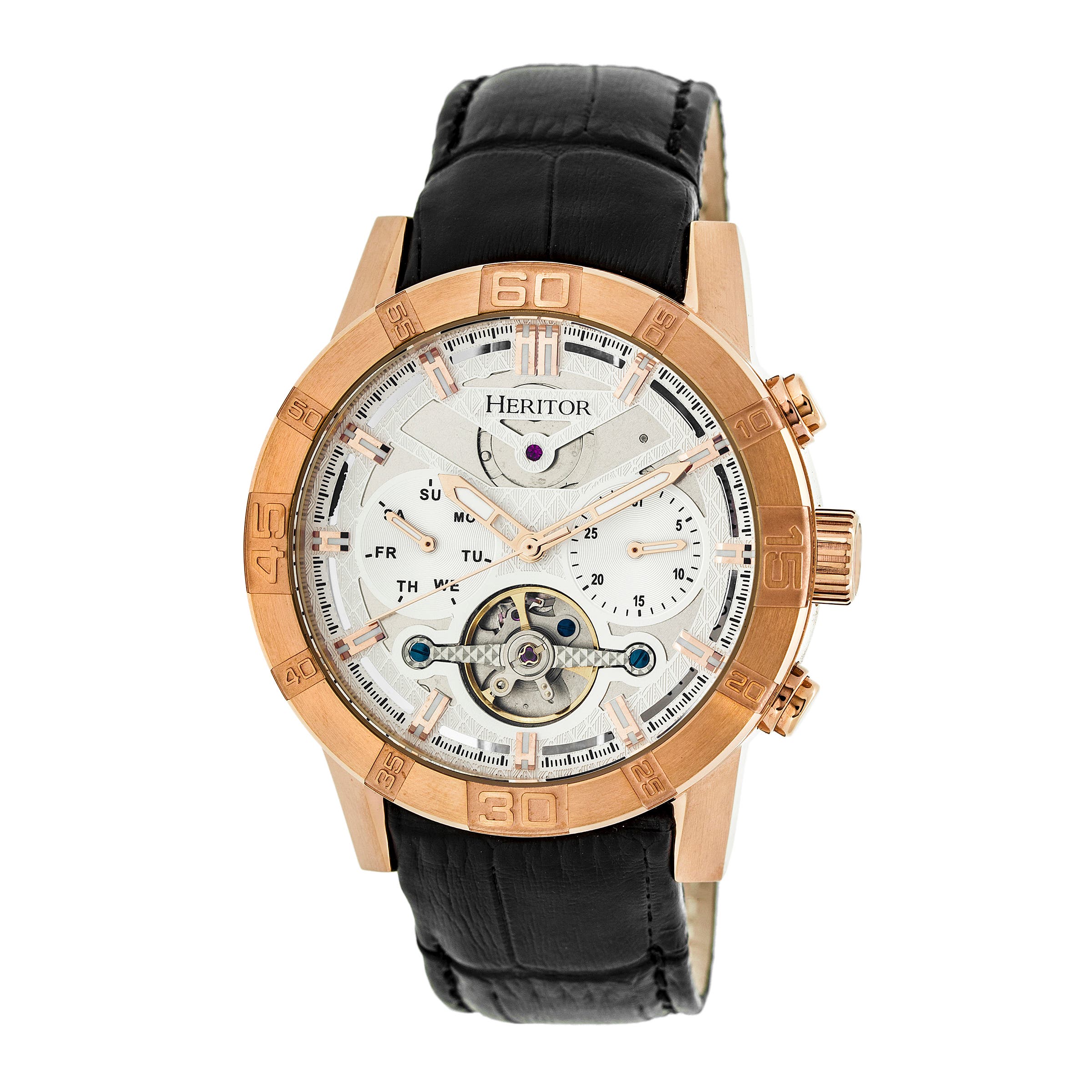 Heritor Automatic Hannibal Semi-Skeleton Leather-Band Watch in Rose Gold/silver Cover