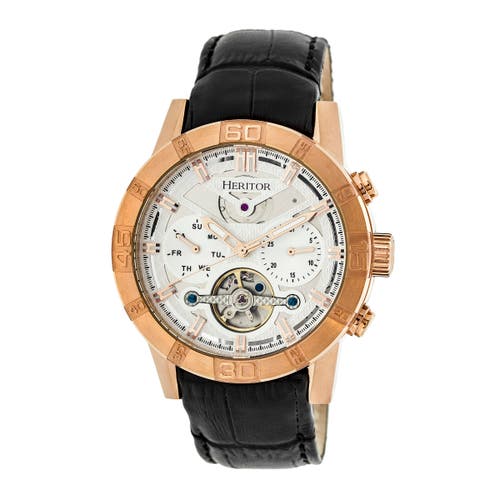 Heritor Automatic Men's Silver / Rose Gold Hannibal Semi-skeleton Leather-band Watch With Day And Date - Rose Gold, Si In Rose Gold/silver