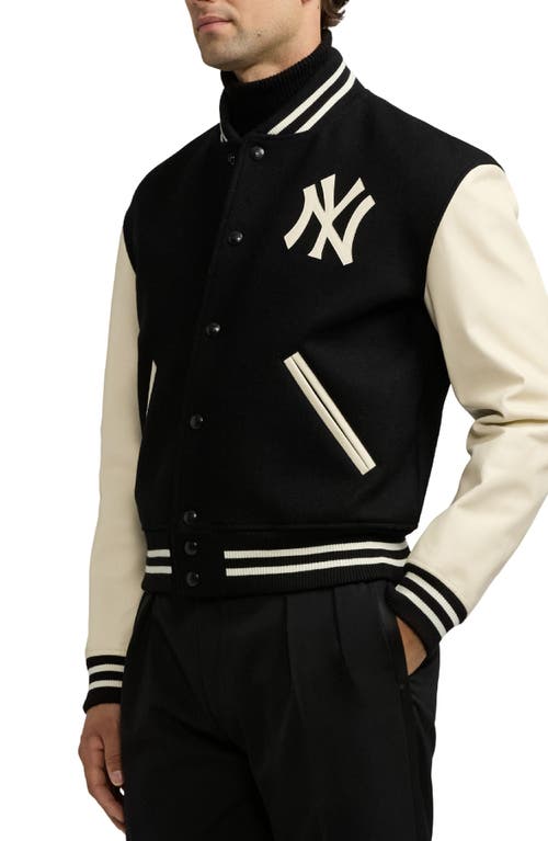 Shop Ralph Lauren Purple Label New York Yankees Mixed Media Varsity Jacket In Black Multi/polo Black