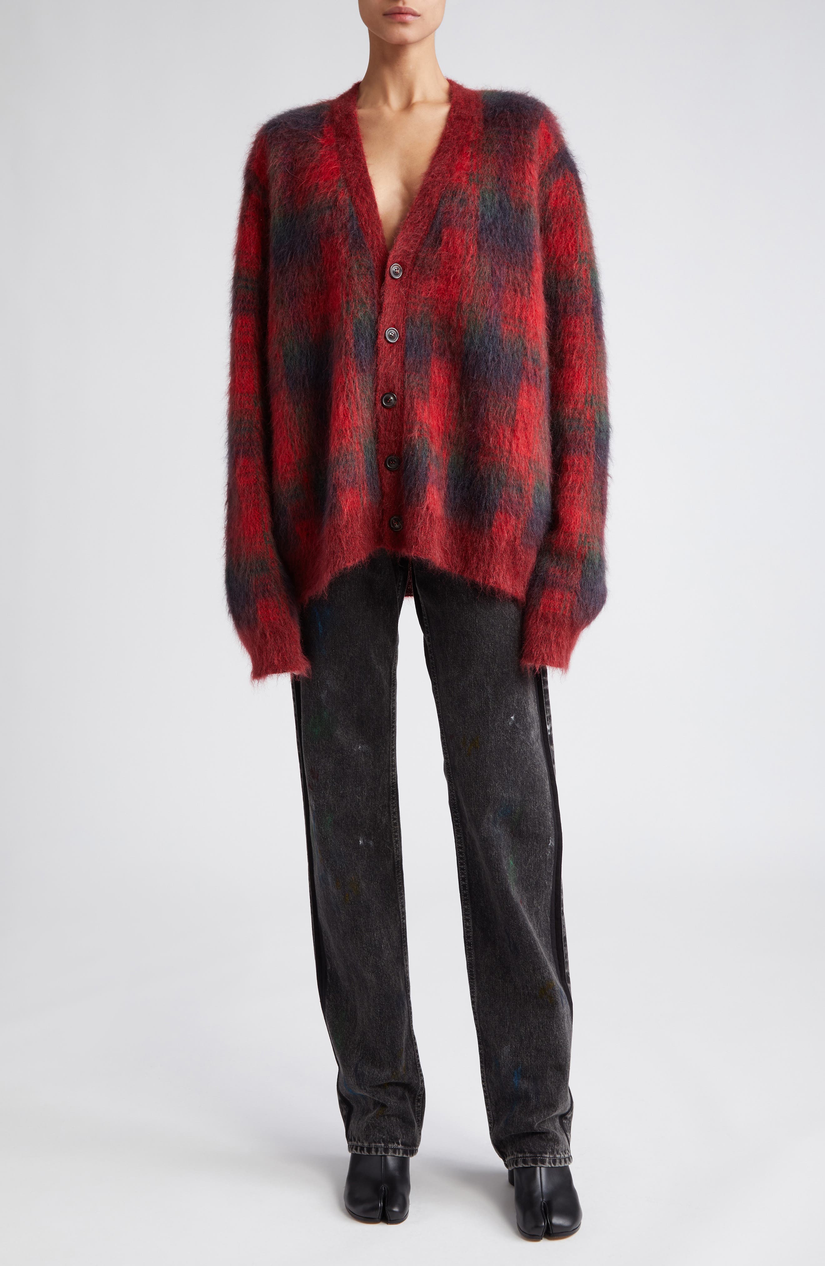 x Pendleton Plaid Mohair u0026 Wool Blend V-Neck Cardigan