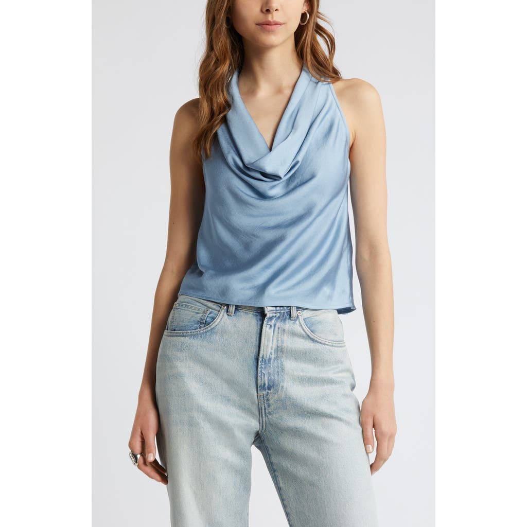 Open Edit Cowl Neck Satin Tank In Blue Chambray