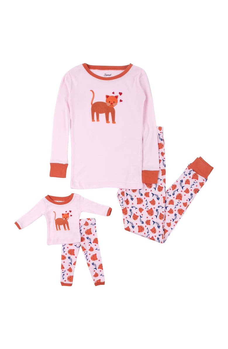 LEVERET Kitten Pajama & Matching Doll Pajama Set, Main, color, MULTI