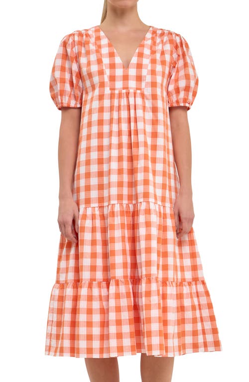 Shop English Factory Gingham Puff Sleeve Midi Dress In Orange