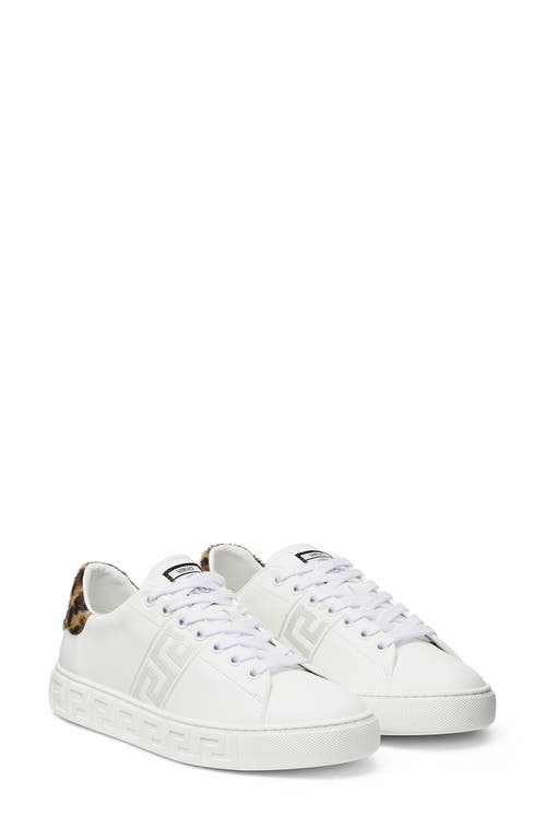 Shop Versace Greca Genuine Calf Hair Embellished Low Top Sneaker In White Brown Spotted Calf Hair