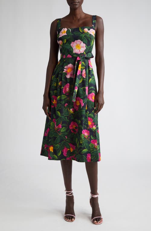 Oscar De La Renta Camellias Floral Bow Square Neck Stretch Cotton Poplin Dress In Multi