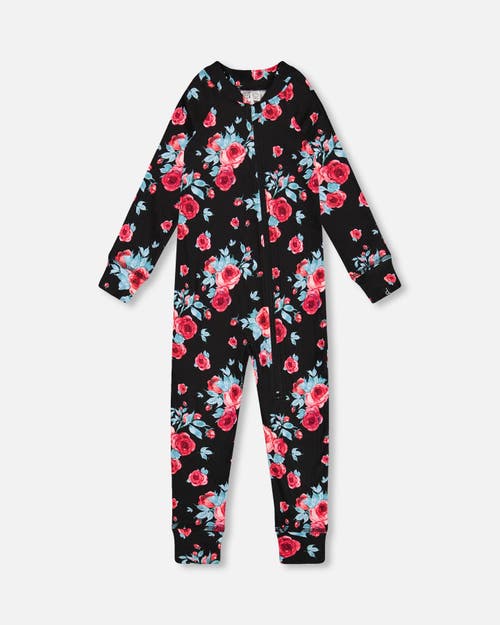 Shop Deux Par Deux Baby Girl's One Piece Thermal Underwear Black Printed Roses