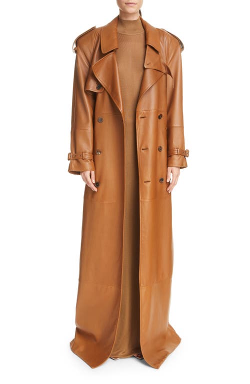 Classic Plunge Long Leather Trench Coat in Marron Glace