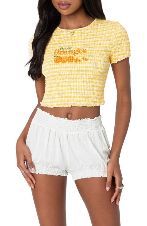 Shop Edikted Gingham Smocked Crop Cotton Graphic T-shirt In Yellow