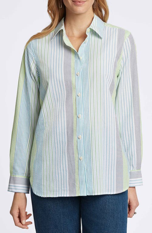 Relaxed Variegated Stripe Seersucker Button-Up Shirt in Blue Multi