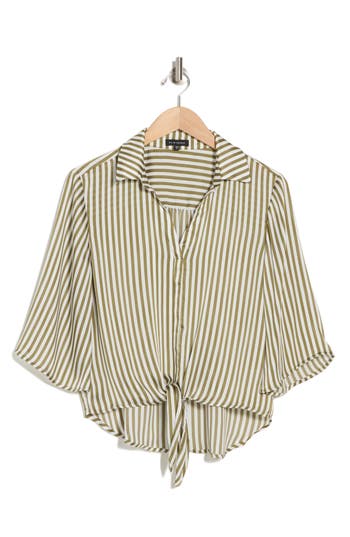 Shop Pleione Print Tie Front Shirt In Light Olive Cream Stripe