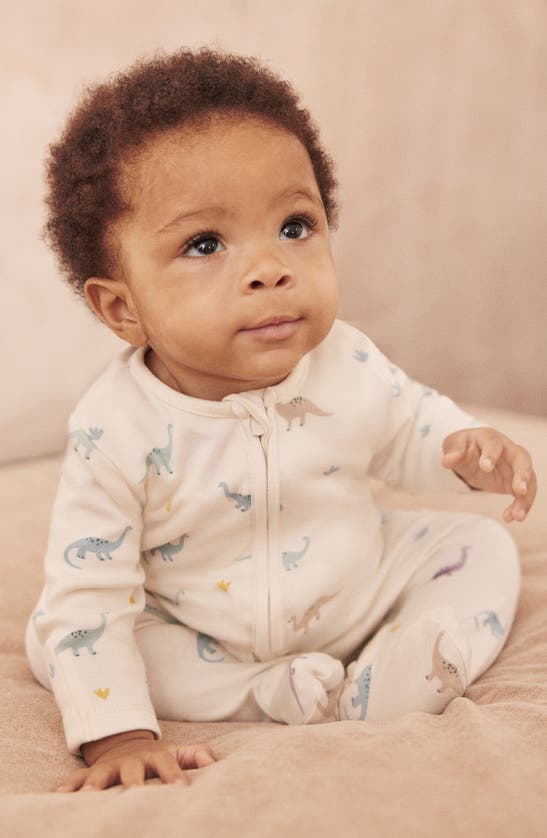 Mori Clever Zip Dino Print Fitted One-piece Footie Pajamas In Dino Print