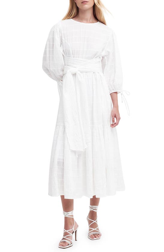 Shop Barbour Kelburn Puff Sleeve Stretch Cotton Midi Dress In White