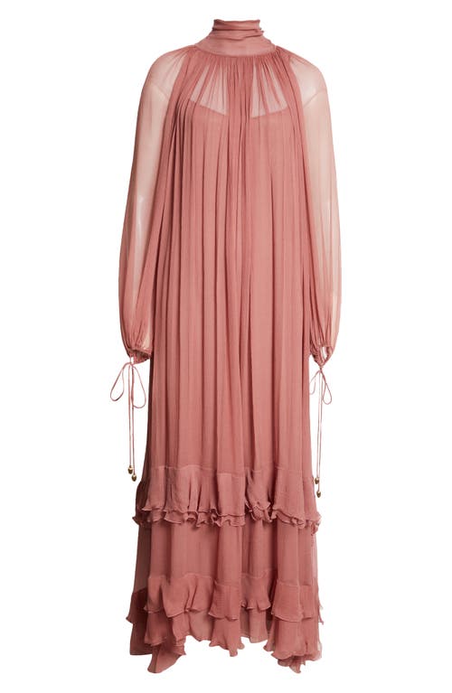 Shop Chloé Long Sleeve Tiered Ruffle Silk Mousseline Maxi Dress In Woodrose