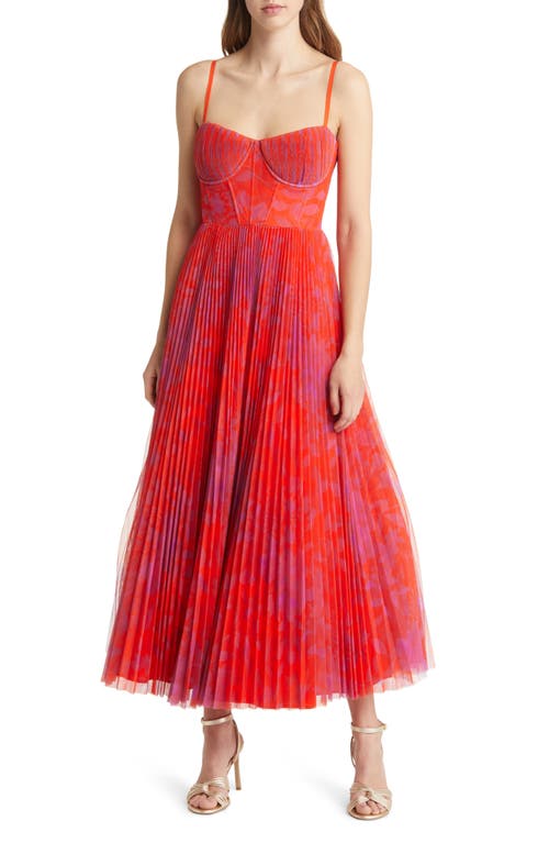 Amara Floral Bustier Pleated Fit & Flare Dress in Orange