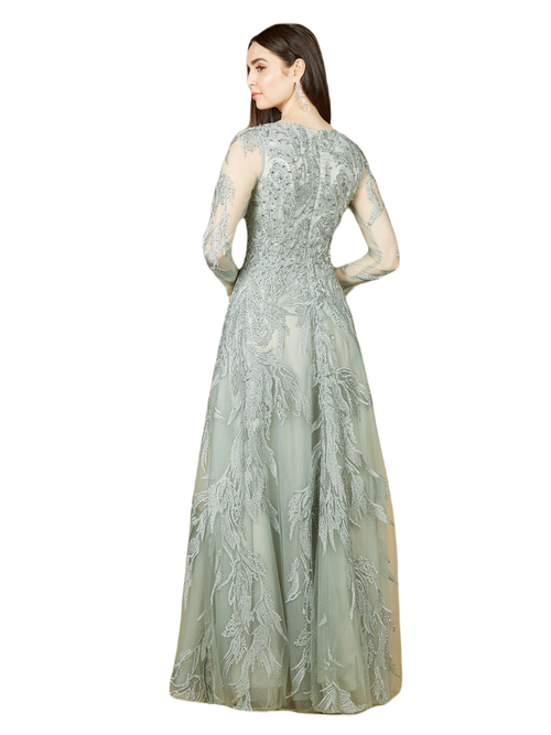 Lara New York Long Sleeve Lace Ballgown With V-neck In Sage