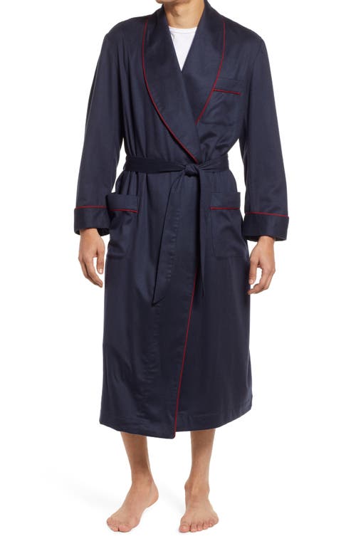 Woven Cashmere Robe in Navy W/Burgundy Braid