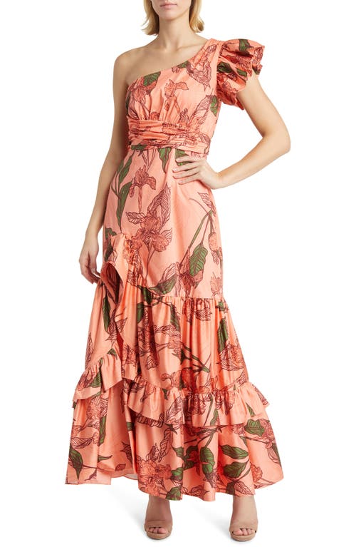 Pria Floral One-Shoulder Stretch Cotton Cocktail Dress in Peach Delicate Outline Floral