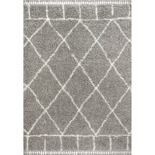 Jonathan Y Mercer Shag Plush Tassel Moroccan Geometric Area Rug In Gray/ivory