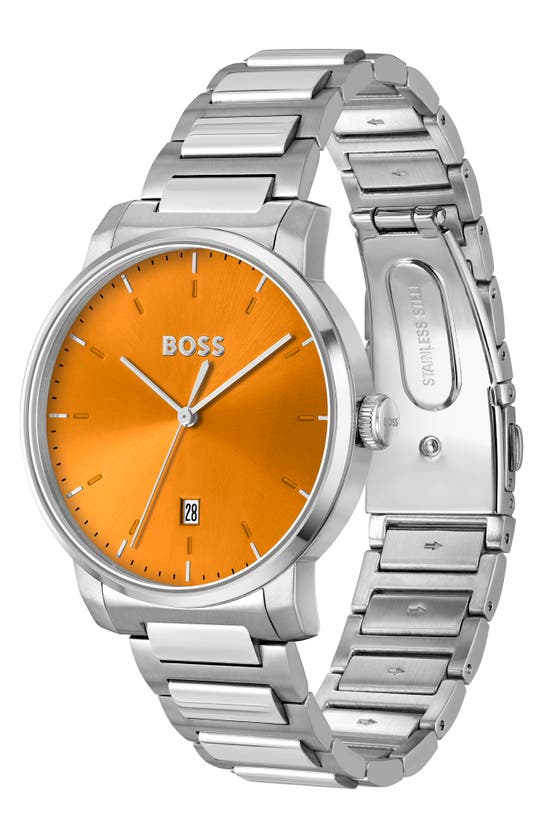 Hugo Boss Men's Dean Quartz Basic Calendar Silver-tone Stainless Steel Watch 41mm In Orange