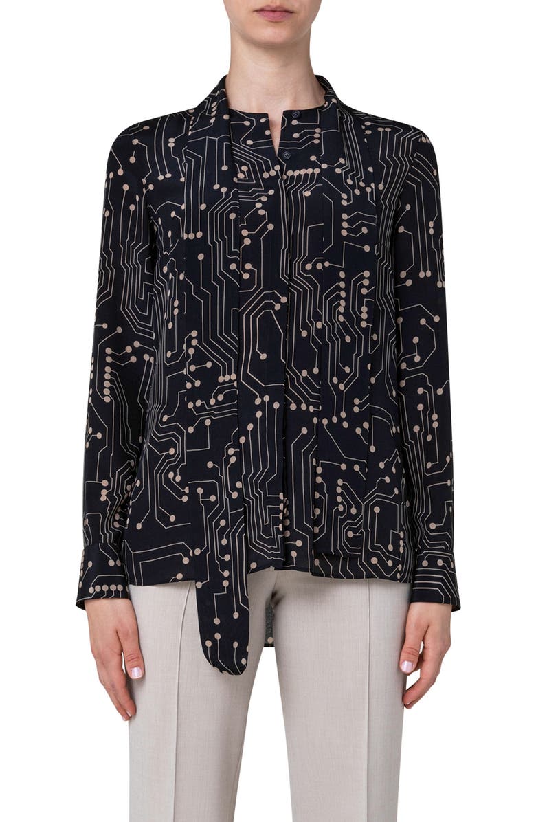 Akris punto Circuit Board Print Tie Neck Silk Blouse | Nordstrom