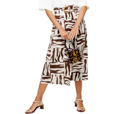 Topshop Zebra Print Linen Blend Midi Skirt, US (fits like 0-2) - Brown