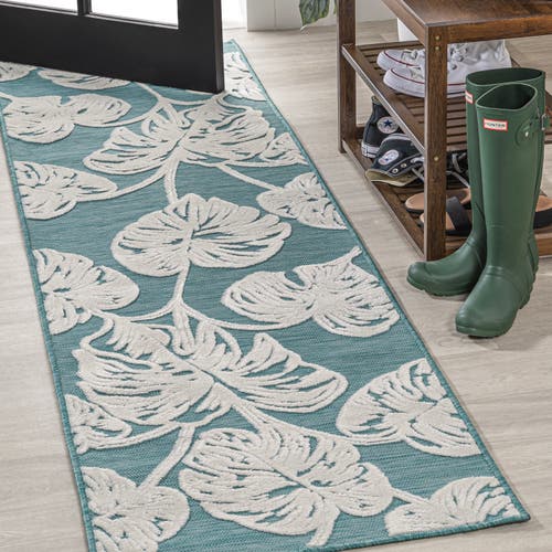 Shop Jonathan Y Tobago High-low Two-tone Monstera Leaf Indoor/outdoor Area Rug In Blue/ivory