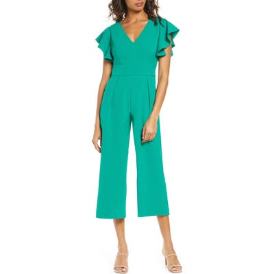 Petite Eliza J Ruffle Sleeve Crepe Jumpsuit, Green